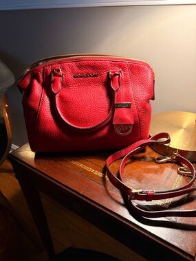 Michael Kors Riley Red Pebbled Leather Satchel with Detachable Strap